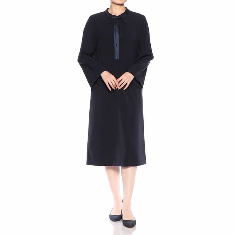 BARNEYS NEW YORK セットアップ ウォッシャブル ネックリボン付きフレアスリーブドレス NAVY