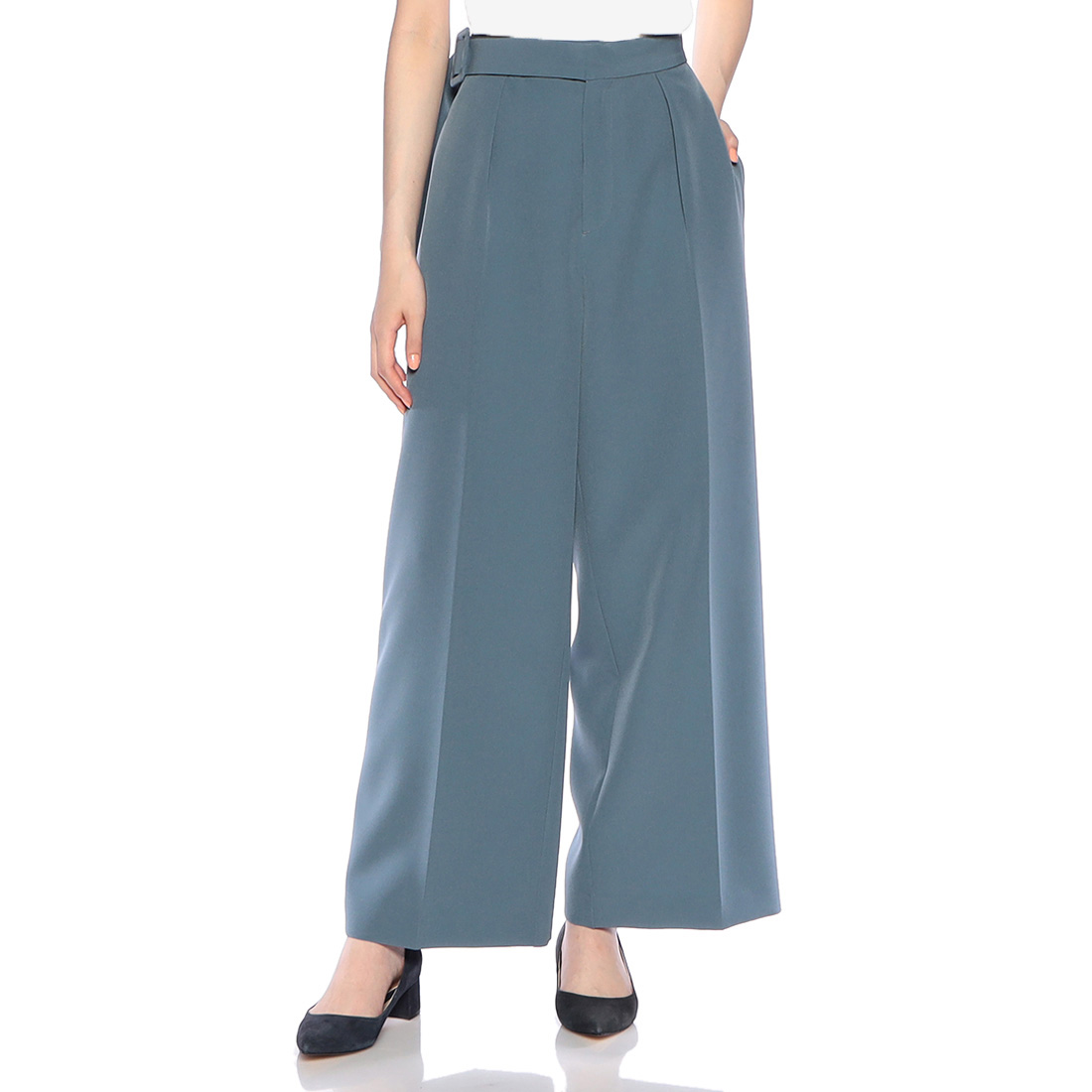 ウォッシャブル ウエストベルトデザイン タックパンツ