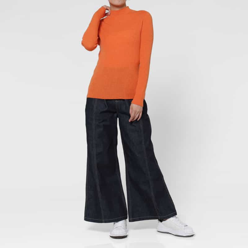 BARNEYS NEW YORK ウール素材 モックネック リブニットプルオーバー ORANGE