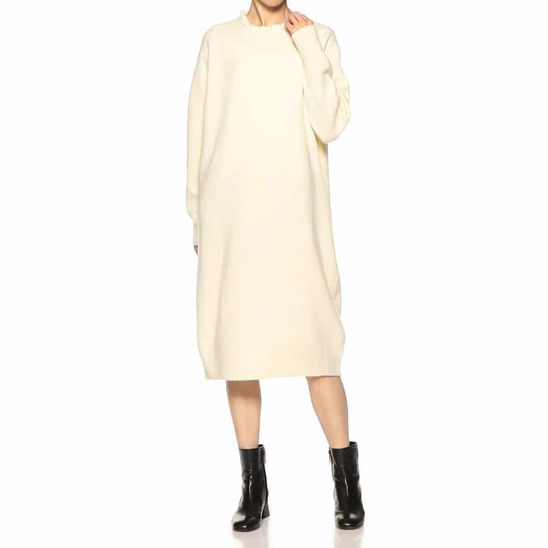 BARNEYS NEW YORK ウールカシミヤ素材フリルネック ニットドレス WHITE