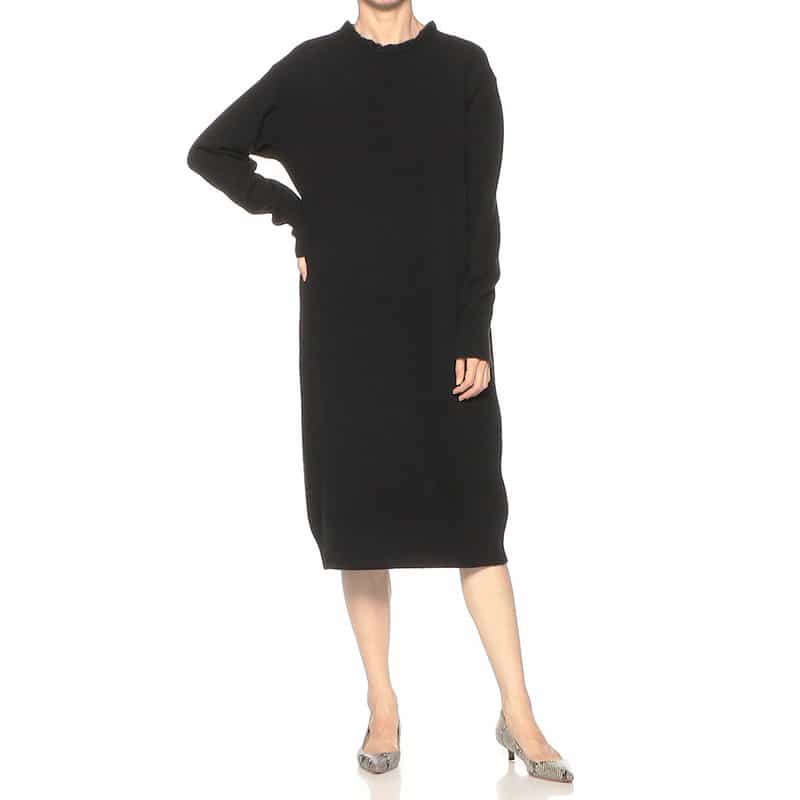 BARNEYS NEW YORK ウールカシミヤ素材フリルネック ニットドレス BLACK