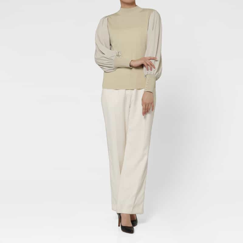 BARNEYS NEW YORK 異素材コンビネーション パールボタン付き モックネック ニットプルオーバー GRAY BEIGE
