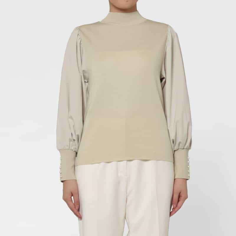 BARNEYS NEW YORK 異素材コンビネーション パールボタン付き モックネック ニットプルオーバー GRAY BEIGE