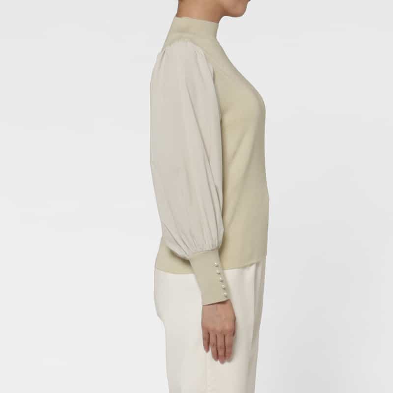 BARNEYS NEW YORK 異素材コンビネーション パールボタン付き モックネック ニットプルオーバー GRAY BEIGE