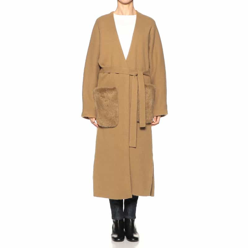 YVES SALOMON ファー付きポケット ニットロングカーディガン CAMEL