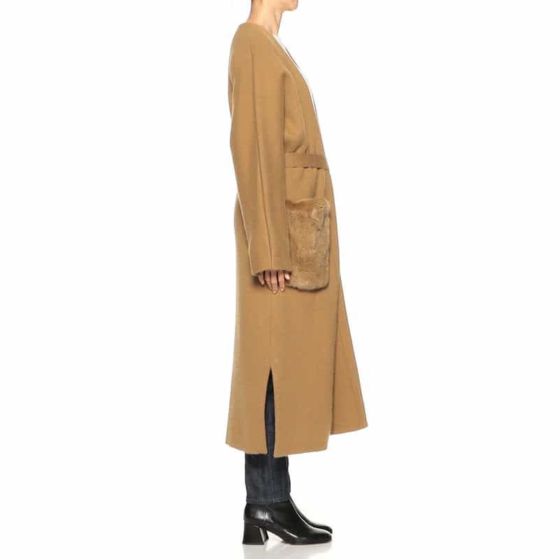 YVES SALOMON ファー付きポケット ニットロングカーディガン CAMEL