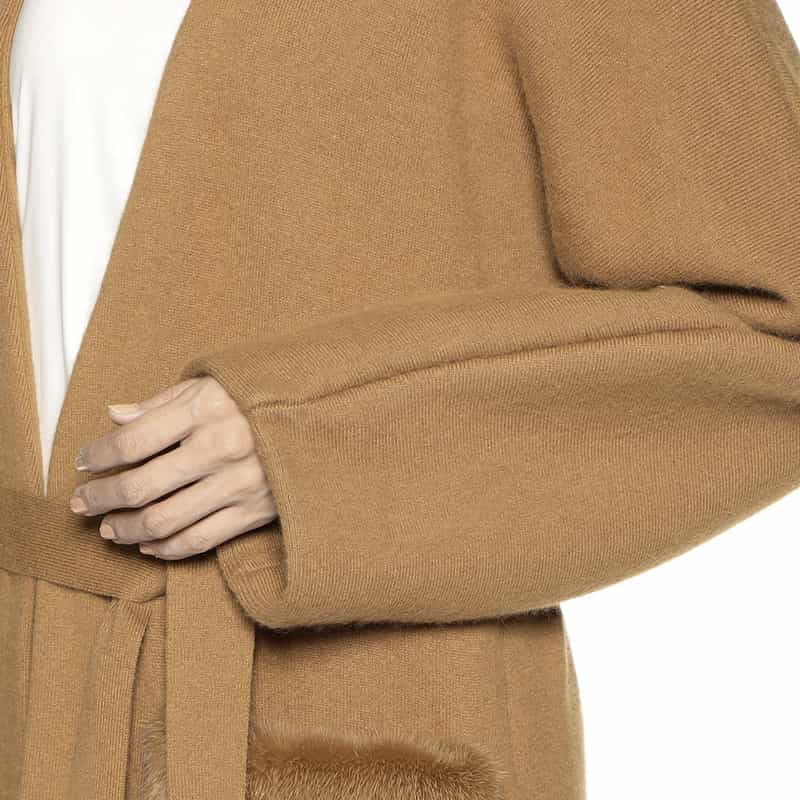 YVES SALOMON ファー付きポケット ニットロングカーディガン CAMEL