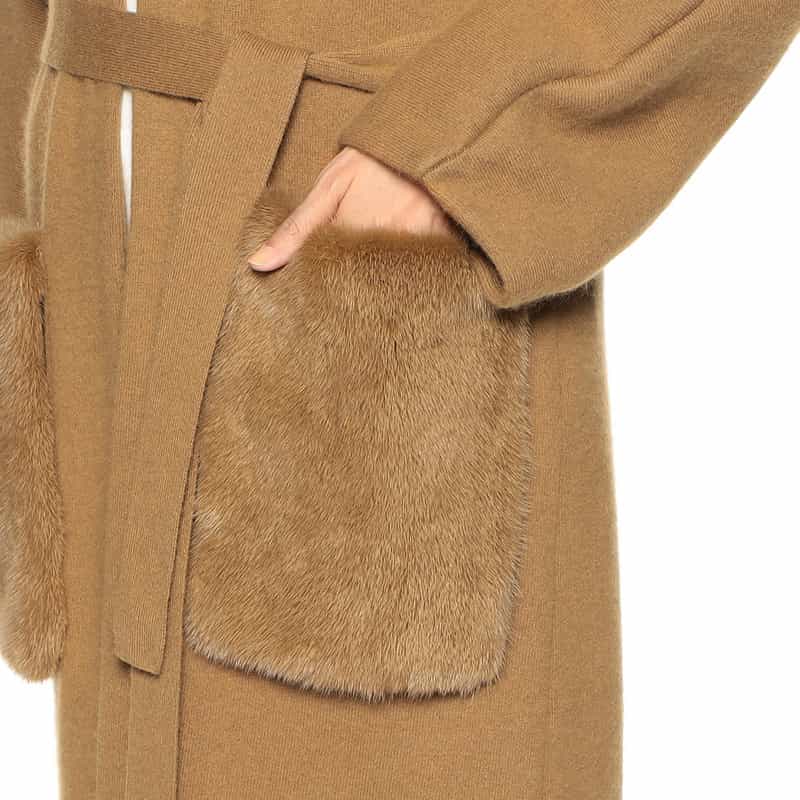 YVES SALOMON ファー付きポケット ニットロングカーディガン CAMEL