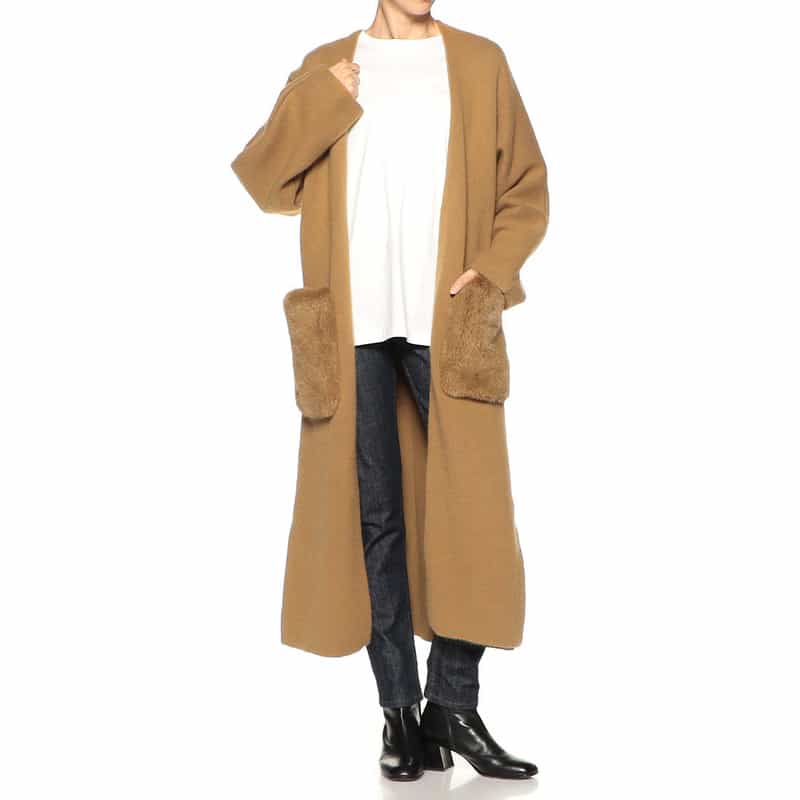 YVES SALOMON ファー付きポケット ニットロングカーディガン CAMEL