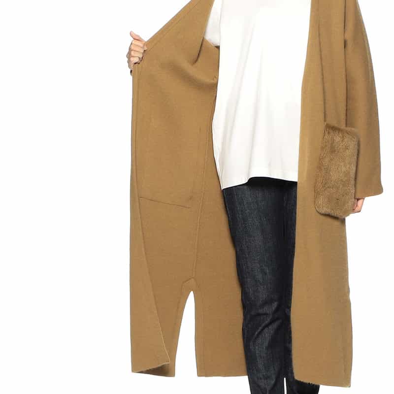 YVES SALOMON ファー付きポケット ニットロングカーディガン CAMEL
