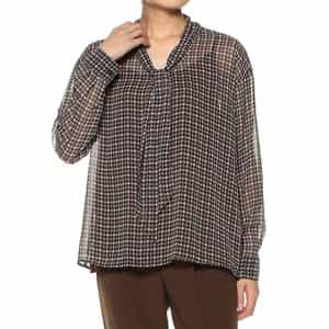 ウォッシャブル 千鳥格子柄プリント シアー素材ボウタイブラウス （キャミソール付き）