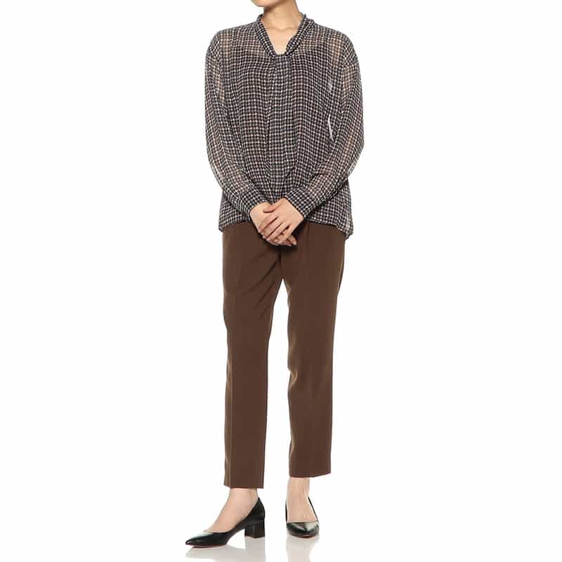 BARNEYS NEW YORK ウォッシャブル 千鳥格子柄プリント シアー素材ボウタイブラウス （キャミソール付き） BROWN