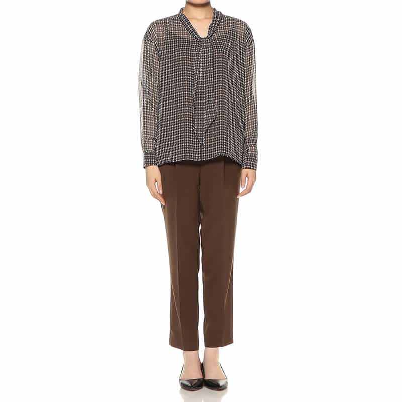 BARNEYS NEW YORK ウォッシャブル 千鳥格子柄プリント シアー素材ボウタイブラウス （キャミソール付き） BROWN