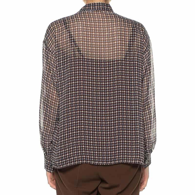 BARNEYS NEW YORK ウォッシャブル 千鳥格子柄プリント シアー素材ボウタイブラウス （キャミソール付き） BROWN