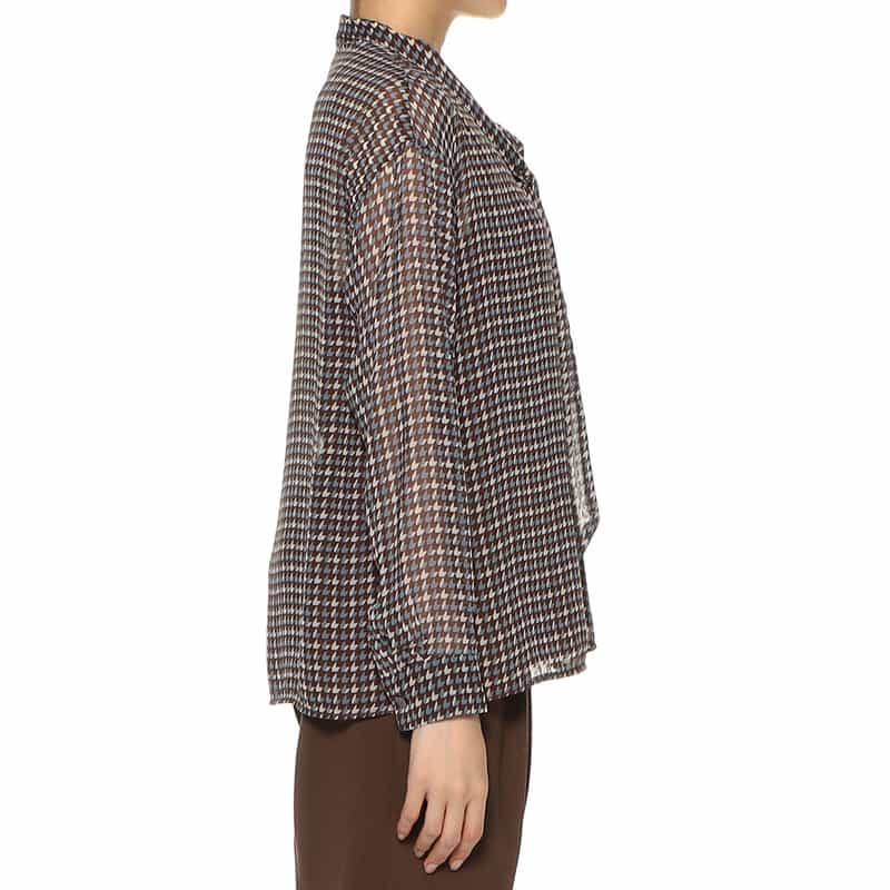 BARNEYS NEW YORK ウォッシャブル 千鳥格子柄プリント シアー素材ボウタイブラウス （キャミソール付き） BROWN