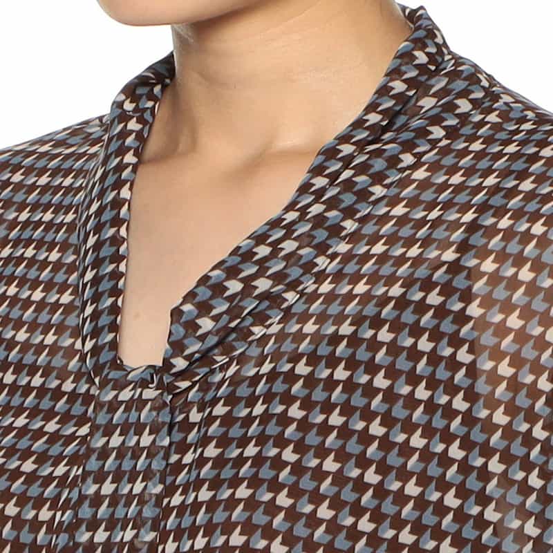 BARNEYS NEW YORK ウォッシャブル 千鳥格子柄プリント シアー素材ボウタイブラウス （キャミソール付き） BROWN