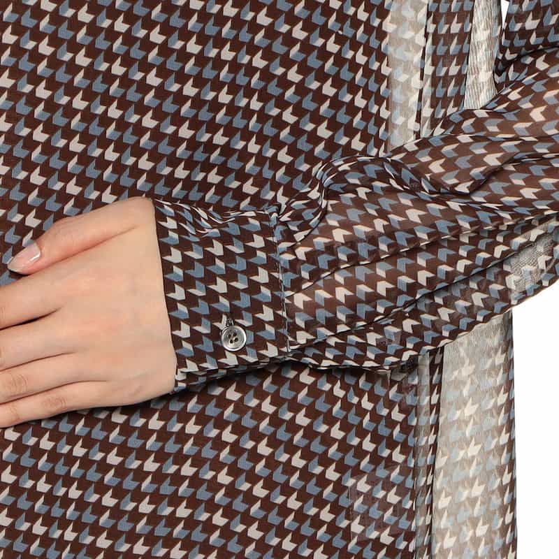 BARNEYS NEW YORK ウォッシャブル 千鳥格子柄プリント シアー素材ボウタイブラウス （キャミソール付き） BROWN