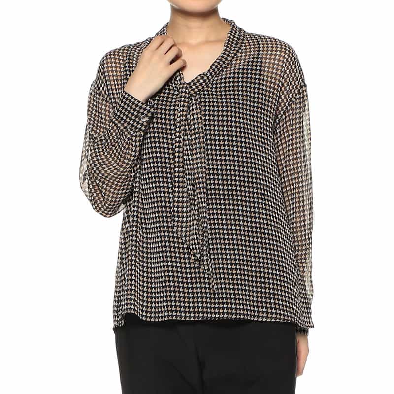 BARNEYS NEW YORK ウォッシャブル 千鳥格子柄プリント シアー素材ボウタイブラウス （キャミソール付き） BLACK