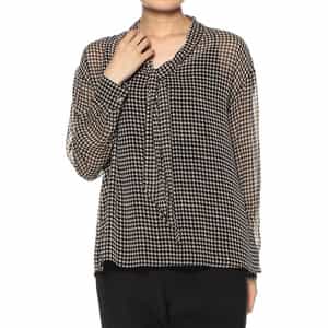 ウォッシャブル 千鳥格子柄プリント シアー素材ボウタイブラウス （キャミソール付き）