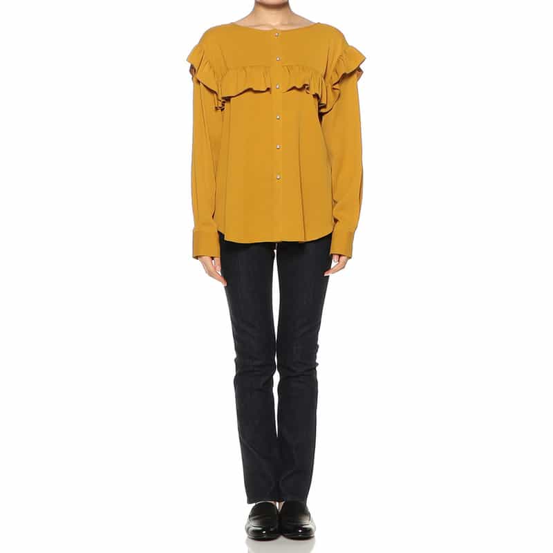 BARNEYS NEW YORK ウォッシャブル 2WAYパールボタンフリルブラウス MUSTARD