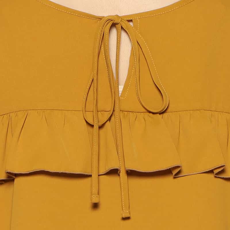 BARNEYS NEW YORK ウォッシャブル 2WAYパールボタンフリルブラウス MUSTARD