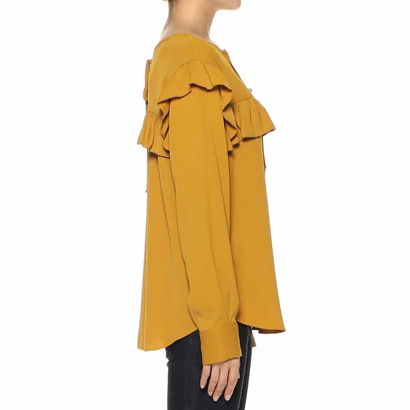 BARNEYS NEW YORK ウォッシャブル 2WAYパールボタンフリルブラウス MUSTARD