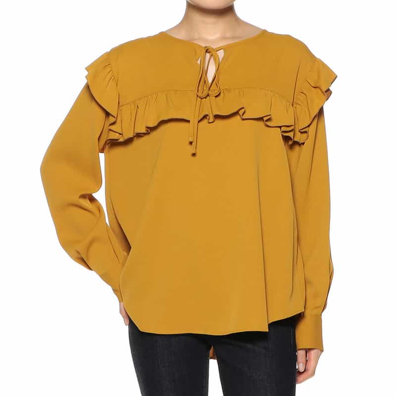 BARNEYS NEW YORK ウォッシャブル 2WAYパールボタンフリルブラウス MUSTARD