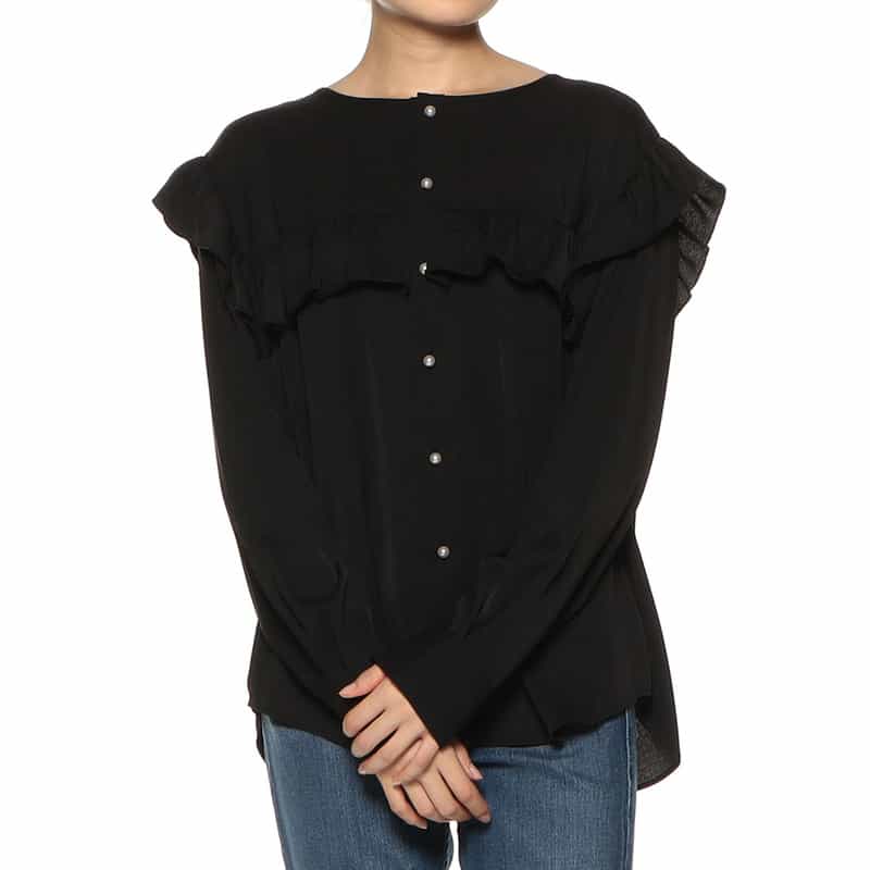 BARNEYS NEW YORK ウォッシャブル 2WAYパールボタンフリルブラウス BLACK