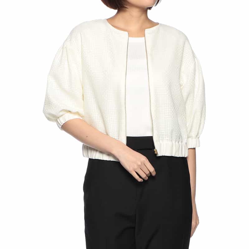BARNEYS NEW YORK ウォッシャブル ブロックタイルチェック柄ジップアップブルゾン IVORY
