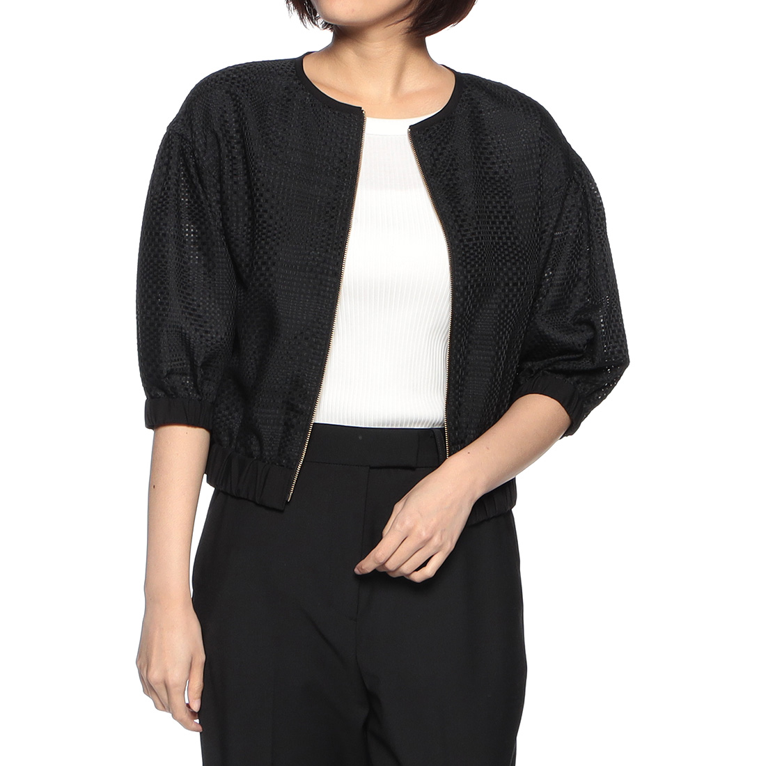 ウォッシャブル ブロックタイルチェック柄ジップアップブルゾン