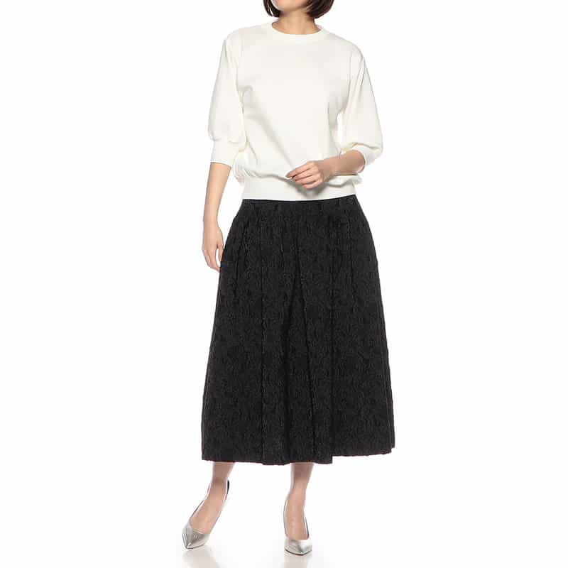 BARNEYS NEW YORK ウォッシャブル ジャカード素材フレアスカート BLACK