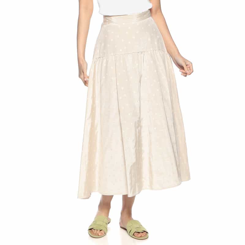 BARNEYS NEW YORK ウォッシャブル ドット柄ジャカード素材切替フレアスカート IVORY