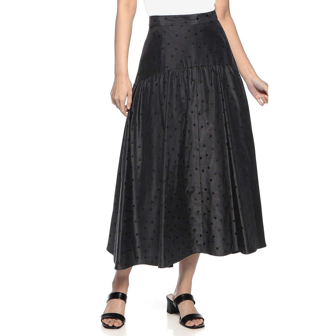 ウォッシャブル ドット柄ジャカード素材切替フレアスカート