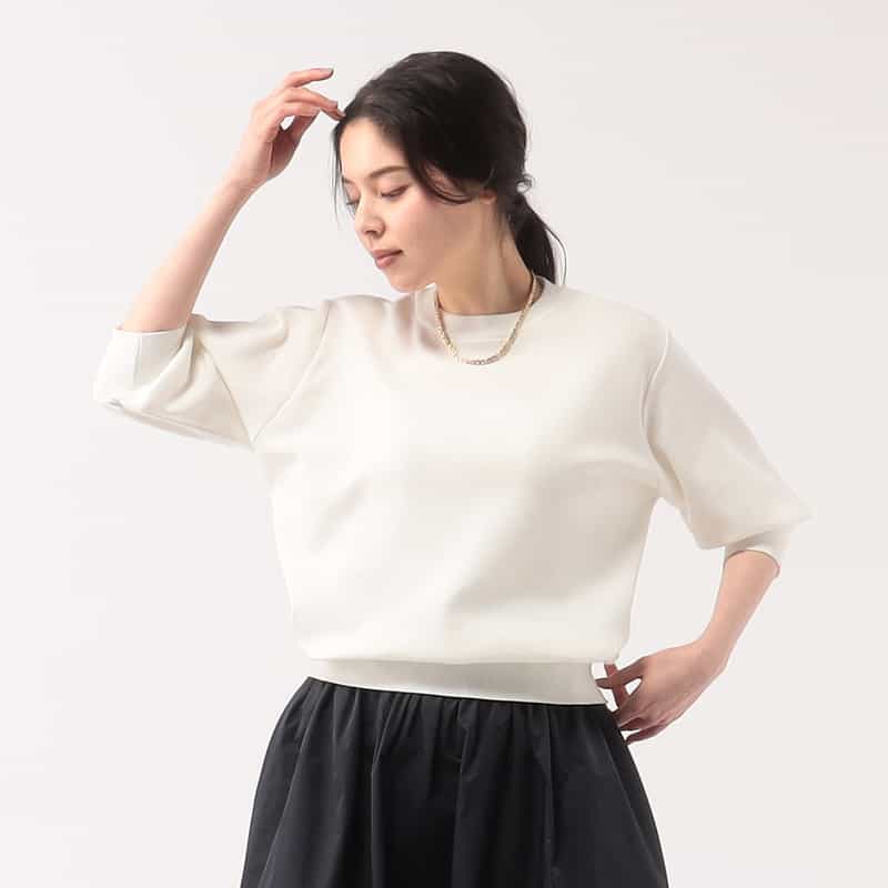 BARNEYS NEW YORK ウォッシャブル ハーフスリーブクルーネックニットプルオーバー WHITE