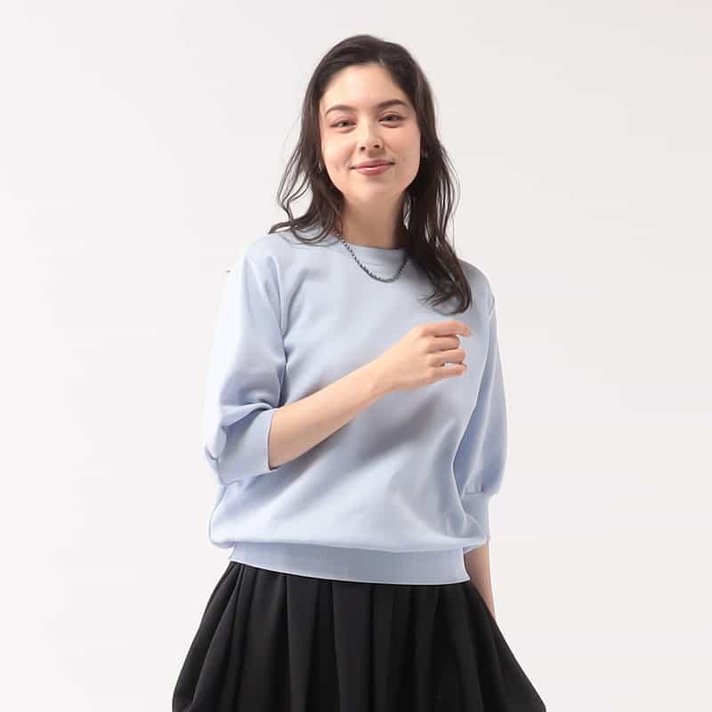 BARNEYS NEW YORK ウォッシャブル ハーフスリーブクルーネックニットプルオーバー LIGHT BLUE