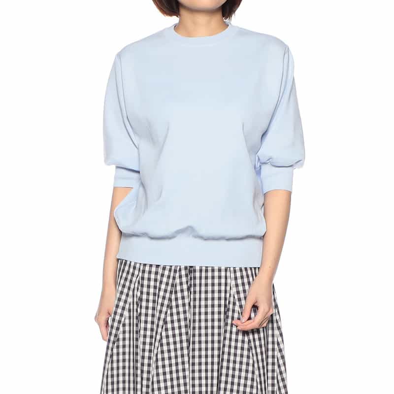 BARNEYS NEW YORK ウォッシャブル ハーフスリーブクルーネックニットプルオーバー LIGHT BLUE