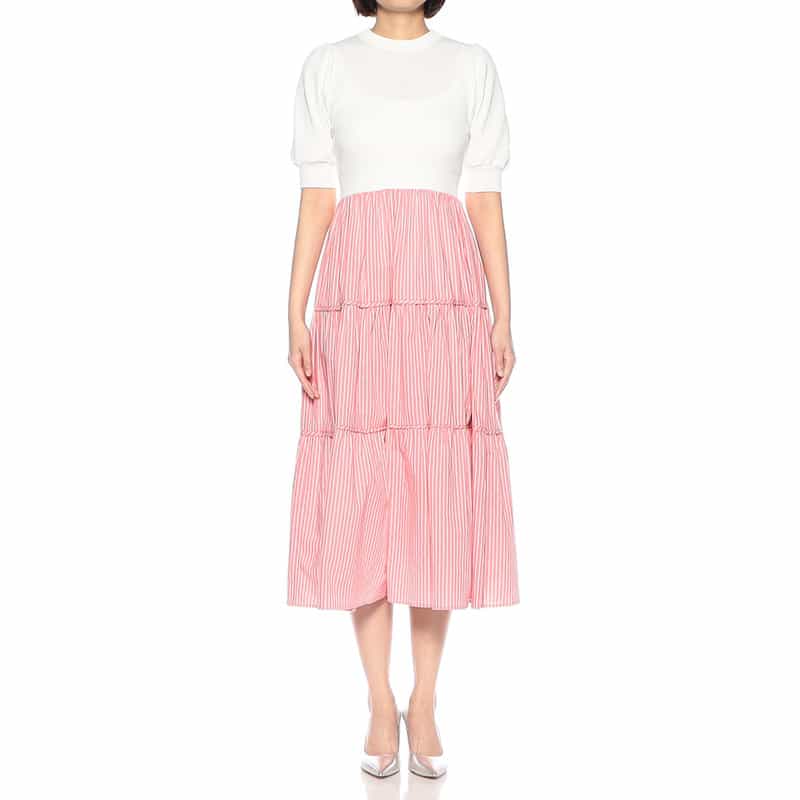 BARNEYS NEW YORK ウォッシャブル 異素材コンビネーションドレス WHITE