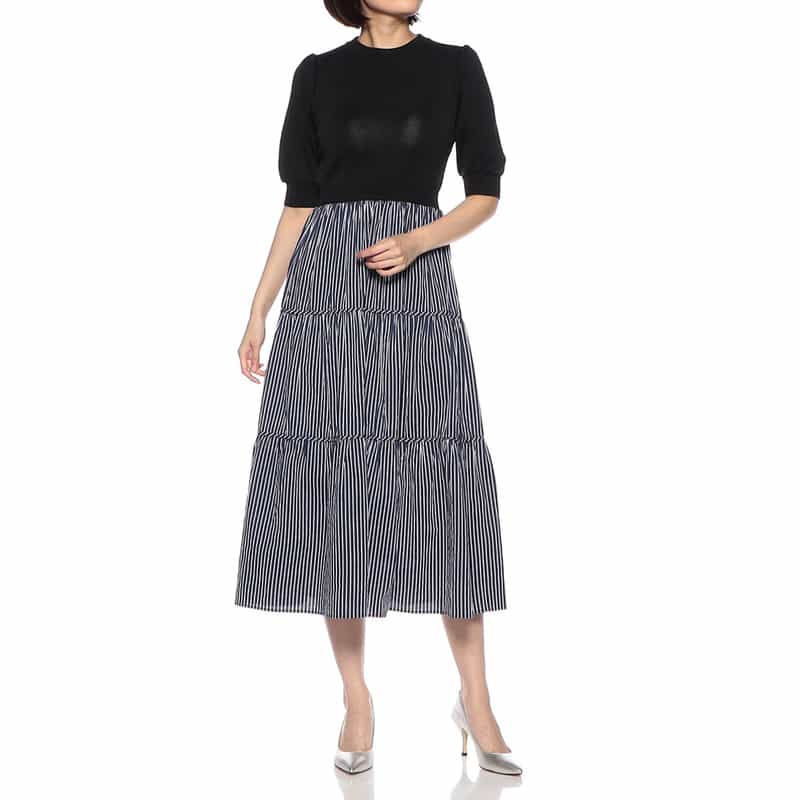 BARNEYS NEW YORK ウォッシャブル 異素材コンビネーションドレス BLACK