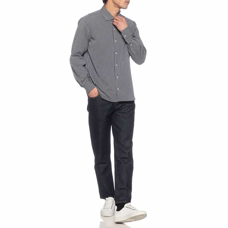 BARNEYS NEW YORK ストライプ柄ジャージーシャツ NAVY