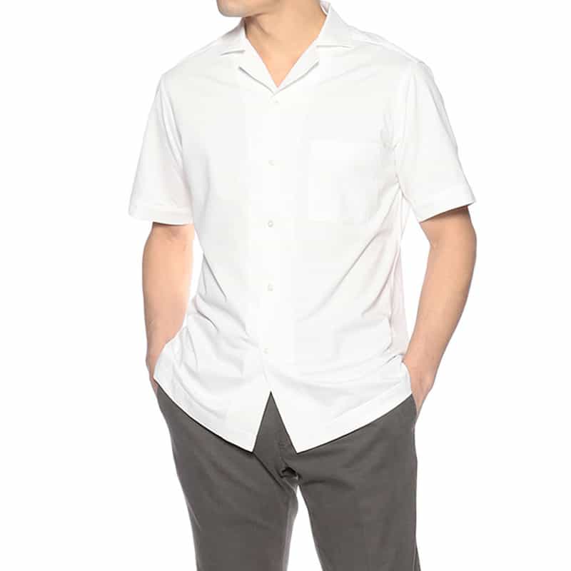 BARNEYS NEW YORK クールマックス素材ジャージーオープンカラーシャツ WHITE