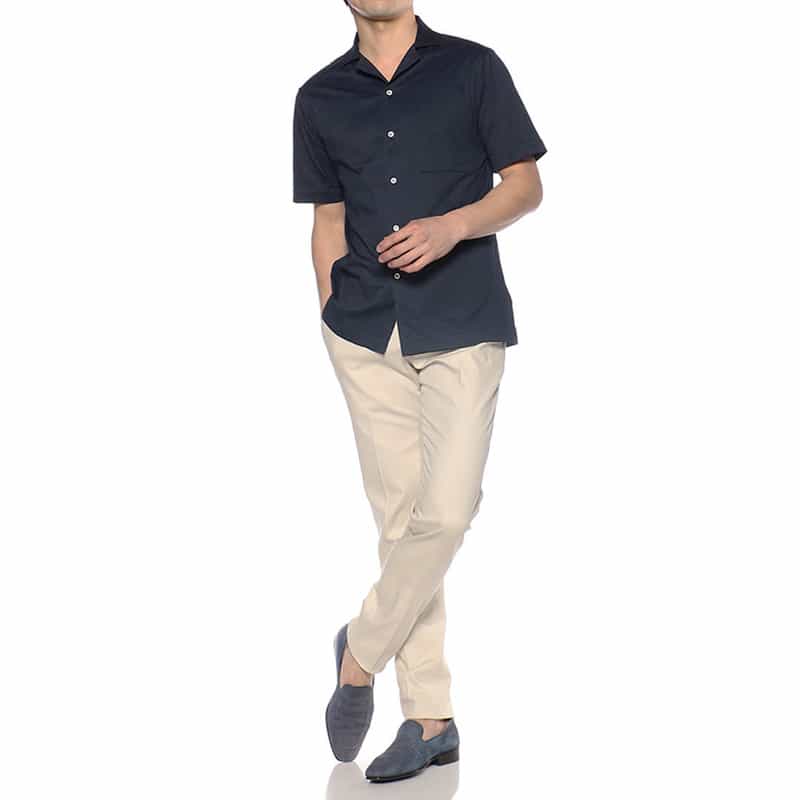 BARNEYS NEW YORK クールマックス素材ジャージーオープンカラーシャツ NAVY