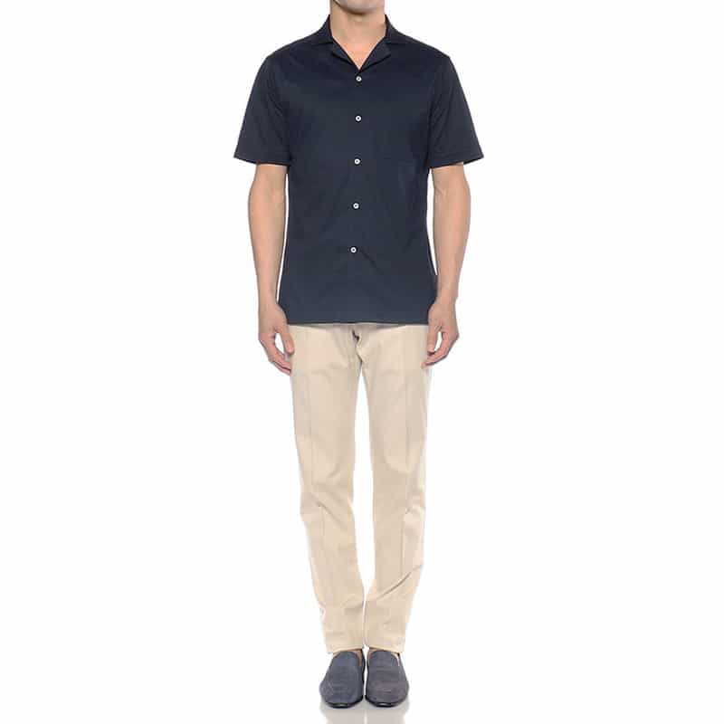 BARNEYS NEW YORK クールマックス素材ジャージーオープンカラーシャツ NAVY