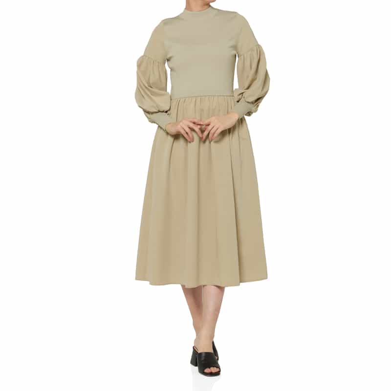 BARNEYS NEW YORK 異素材ドッキング ボリュームスリーブ フィット＆フレアドレス BEIGE