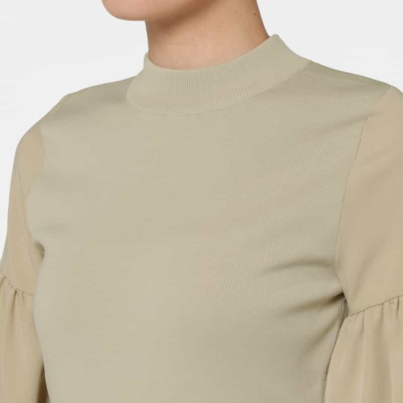 BARNEYS NEW YORK 異素材ドッキング ボリュームスリーブ フィット＆フレアドレス BEIGE