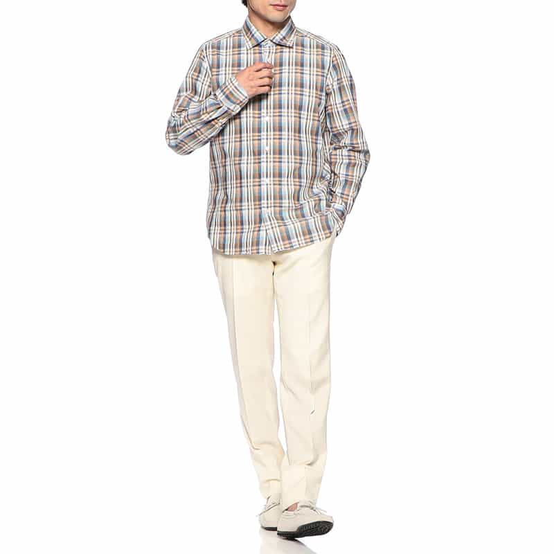 FINAMORE チェック柄コットンリネンシャツ "LUIGI" NAVY