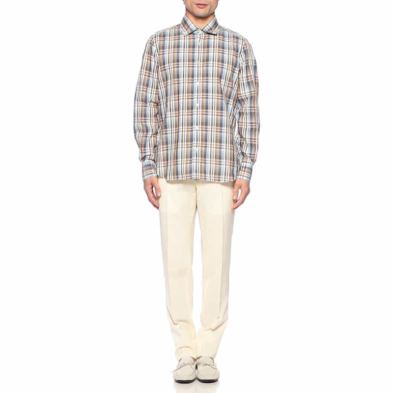 FINAMORE チェック柄コットンリネンシャツ "LUIGI" NAVY