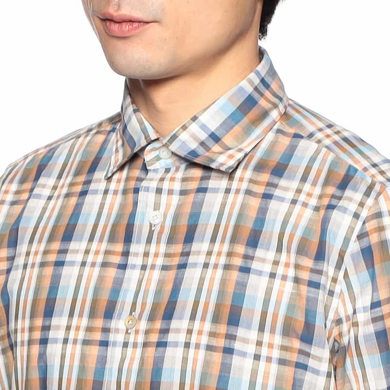 FINAMORE チェック柄コットンリネンシャツ "LUIGI" NAVY