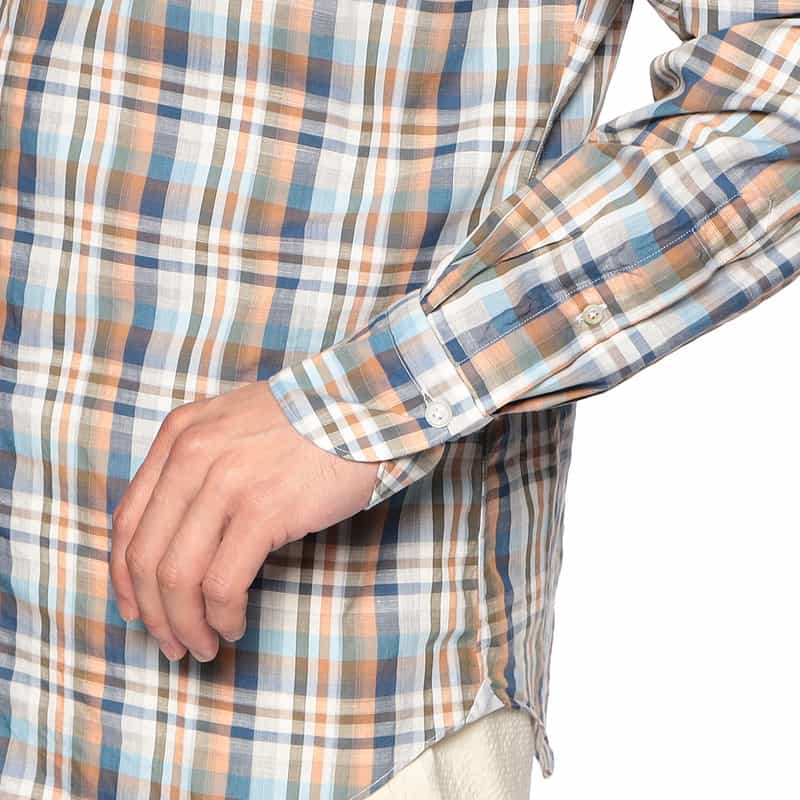 FINAMORE チェック柄コットンリネンシャツ "LUIGI" NAVY