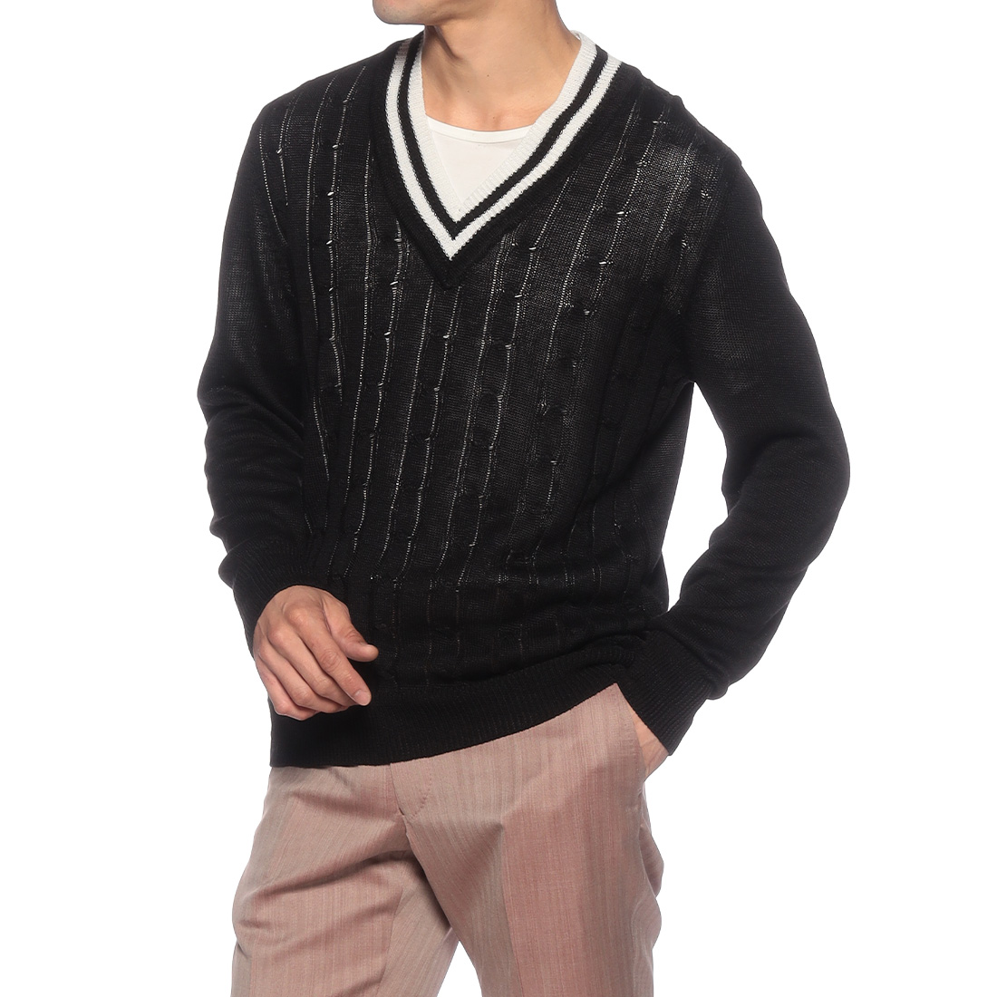 リネンコットンVネックニットプルオーバー