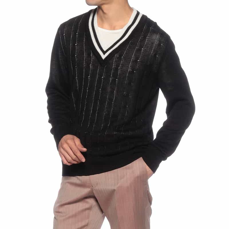 BARNEYS NEW YORK リネンコットンVネックニットプルオーバー BLACK